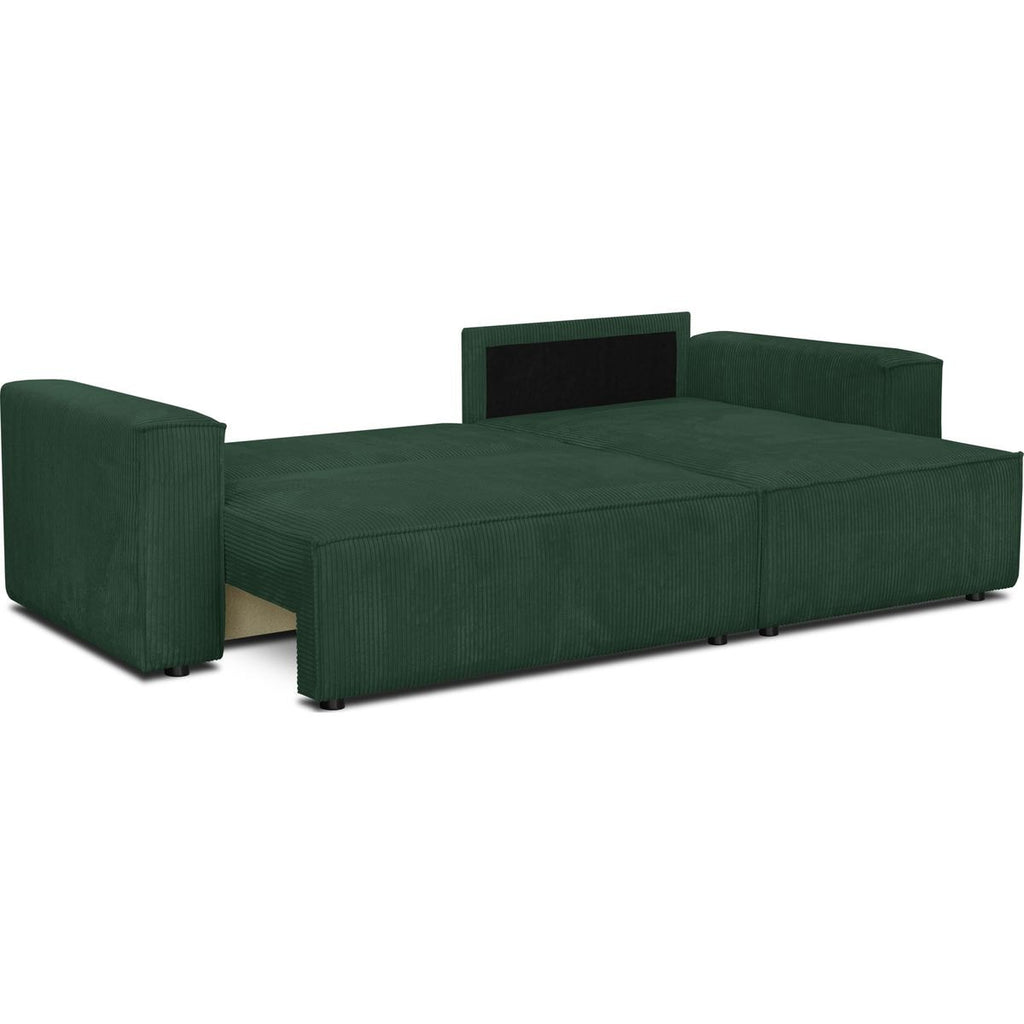 Livia - Canapé d'Angle Convertible Réversible 4 Places avec Coffre de Rangement en Velours Côtelé - Vert Foncé