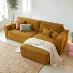 Livia - Canapé d'Angle Convertible Réversible 4 Places avec Coffre de Rangement en Velours Côtelé - Jaune Moutarde