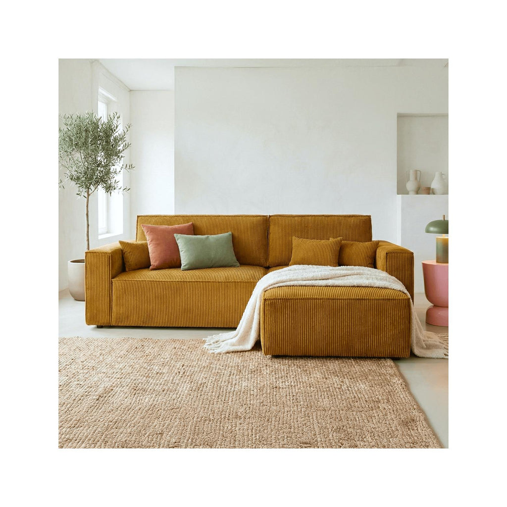 Livia - Canapé d'Angle Convertible Réversible 4 Places avec Coffre de Rangement en Velours Côtelé - Jaune Moutarde