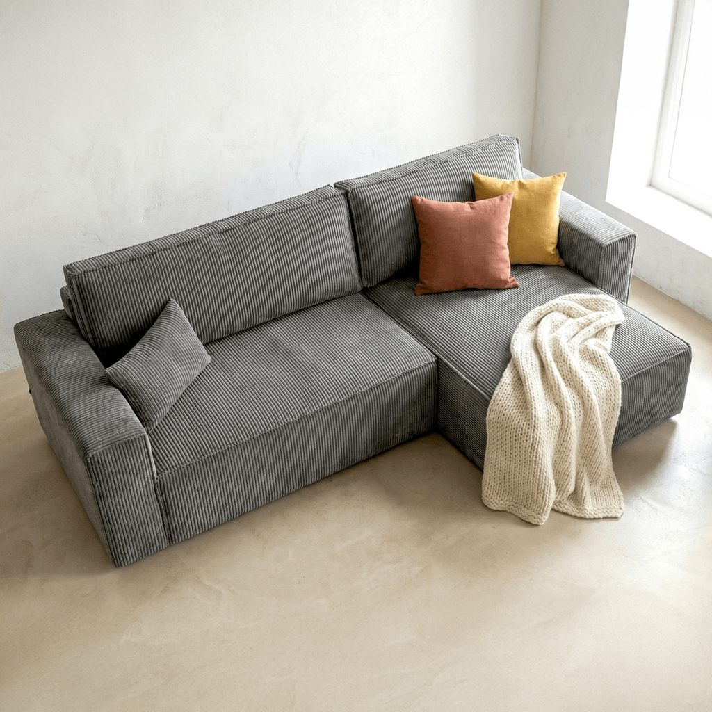 Livia - Canapé d'Angle Convertible Réversible 4 Places avec Coffre de Rangement en Velours Côtelé - Gris Clair