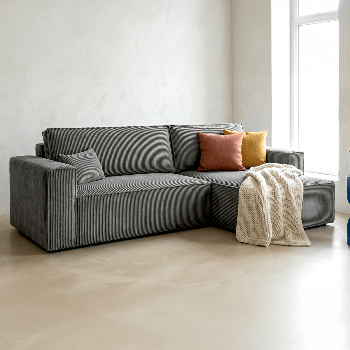 Livia - Canapé d'Angle Convertible Réversible 4 Places avec Coffre de Rangement en Velours Côtelé - Gris Clair
