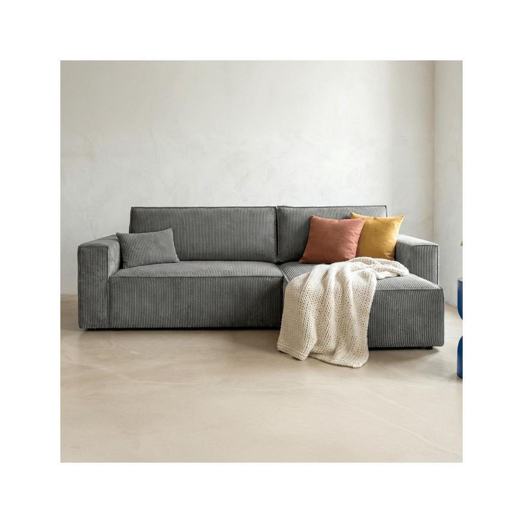 Livia - Canapé d'Angle Convertible Réversible 4 Places avec Coffre de Rangement en Velours Côtelé - Gris Clair