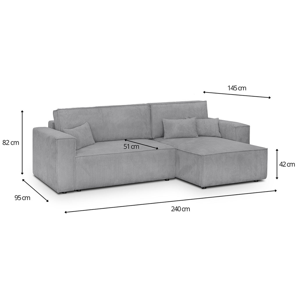 Livia - Canapé d'Angle Convertible Réversible 4 Places avec Coffre de Rangement en Velours Côtelé - Gris Clair