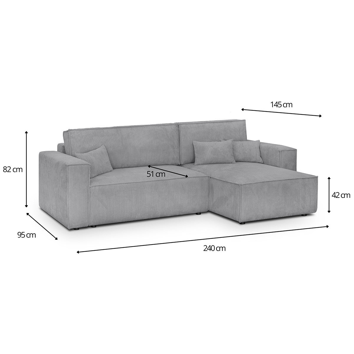 Livia - Canapé d'Angle Convertible Réversible 4 Places avec Coffre de Rangement en Velours Côtelé - Gris Clair