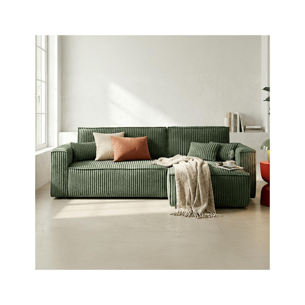 Livia - Canapé d'Angle Convertible Réversible 4 Places en Velours Gros Côtelé - Vert Foncé