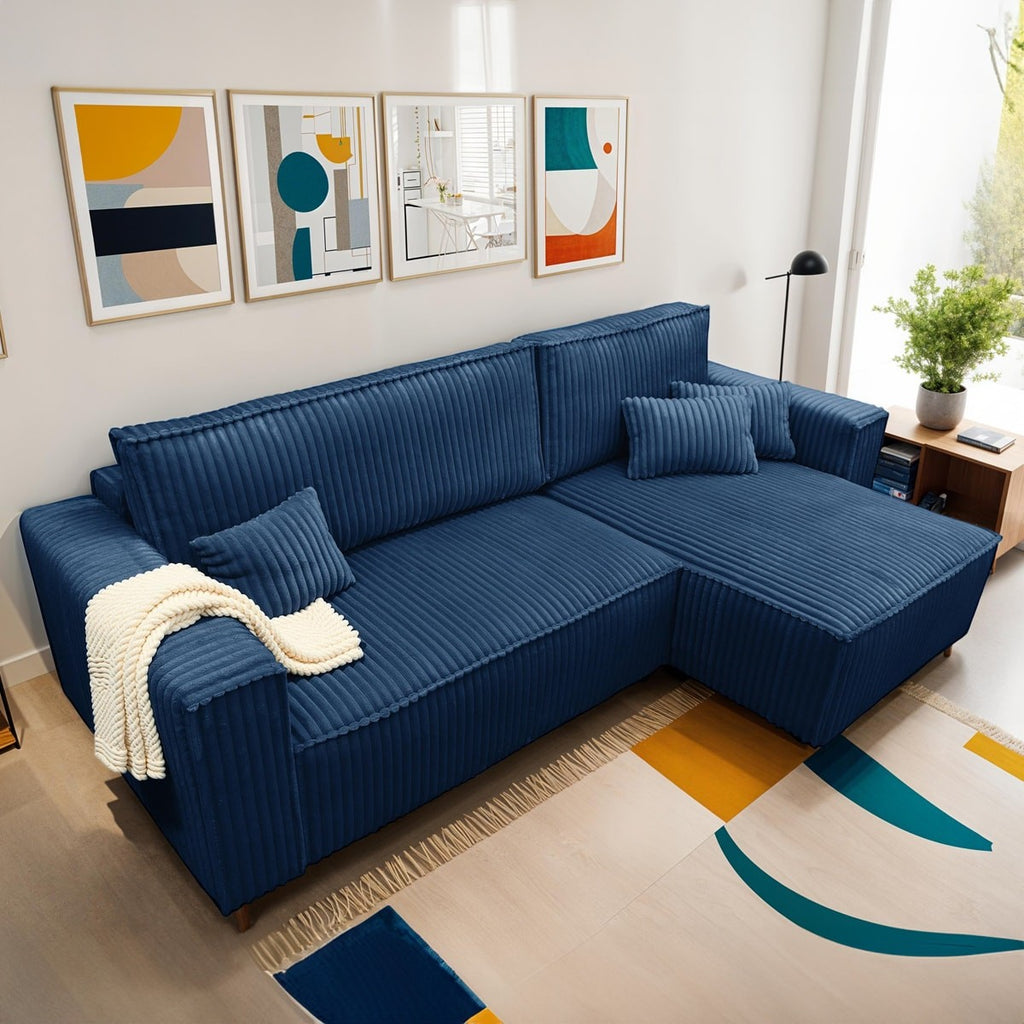 Livia - Canapé d'Angle Convertible Réversible 4 Places en Velours Gros Côtelé - Bleu Foncé