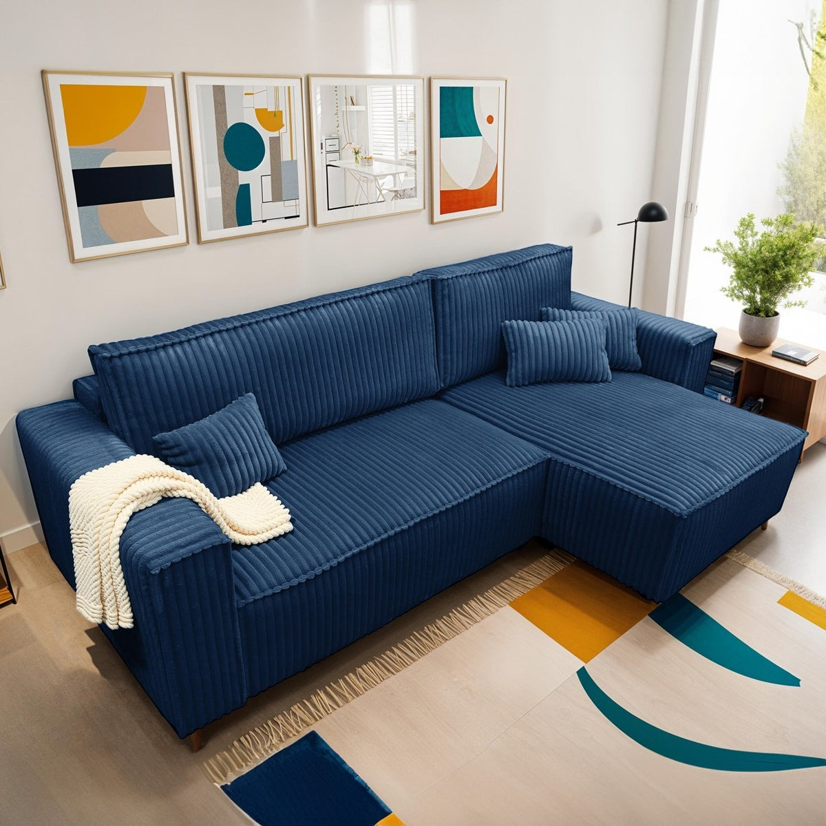 Livia - Canapé d'Angle Convertible Réversible 4 Places en Velours Gros Côtelé - Bleu Foncé