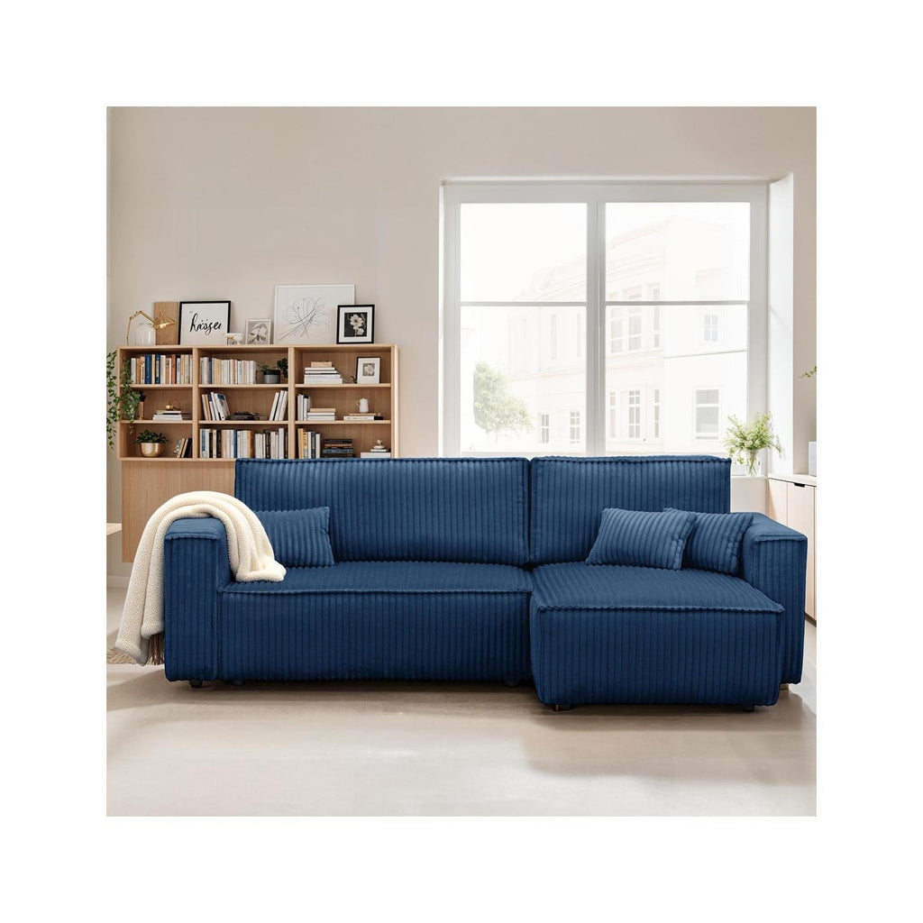 Livia - Canapé d'Angle Convertible Réversible 4 Places en Velours Gros Côtelé - Bleu Foncé