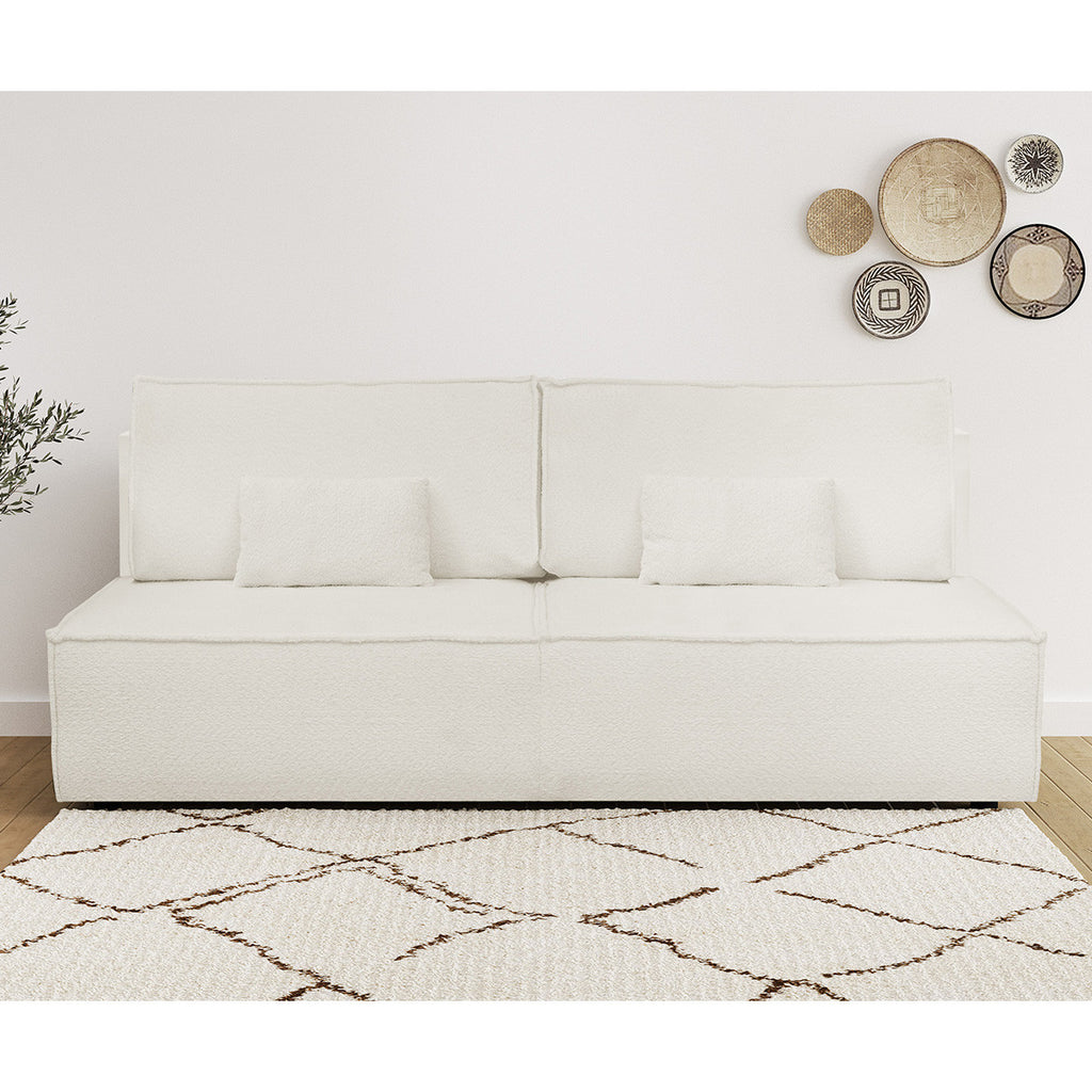 Milla - Canapé Convertible 3 Places avec Coffre de Rangement en Tissu Bouclé Beige - Ecru