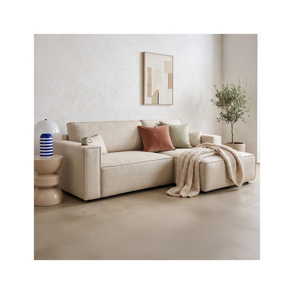 Asti – Eckschlafsofa mit Ottomane rechts – Chenille – Dunkelbeige