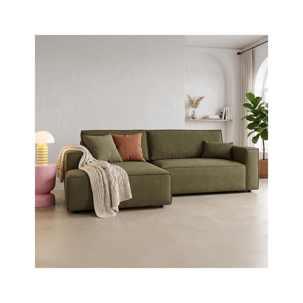 Asti - Canapé d'Angle à Gauche Convertible 3 Places en Tissu Chenille - Vert Kaki