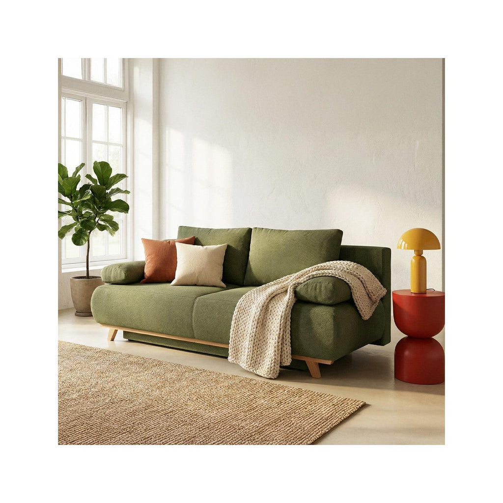 Laria - Canapé Convertible 3 Places avec Coffre de Rangement en Tissu Chenille - Vert Olive