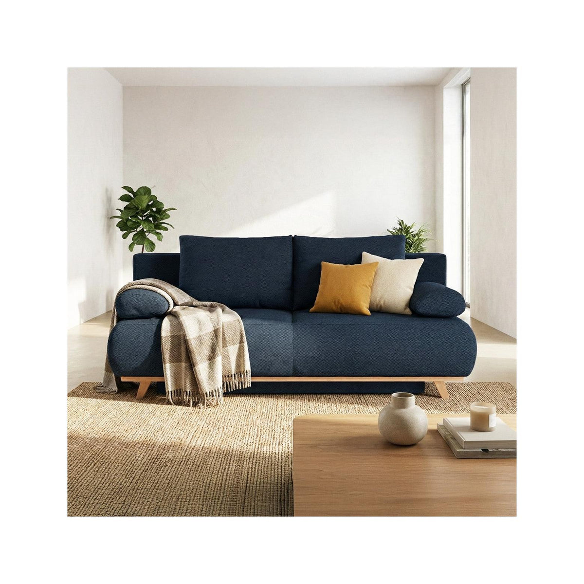 Laria - Canapé Convertible 3 Places avec Coffre de Rangement en Tissu Chenille - Bleu Foncé