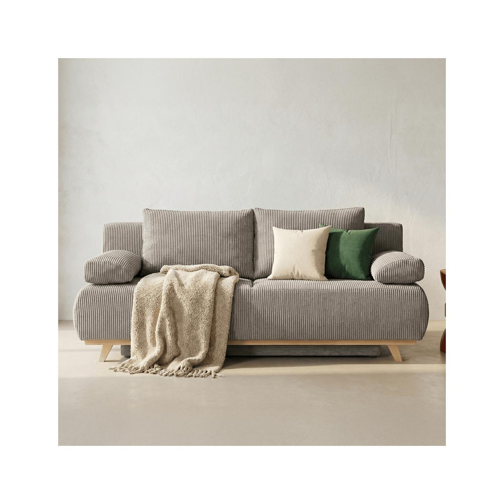 Laria - Canapé Convertible 3 Places avec Coffre de Rangement en Velours Côtelé - Taupe