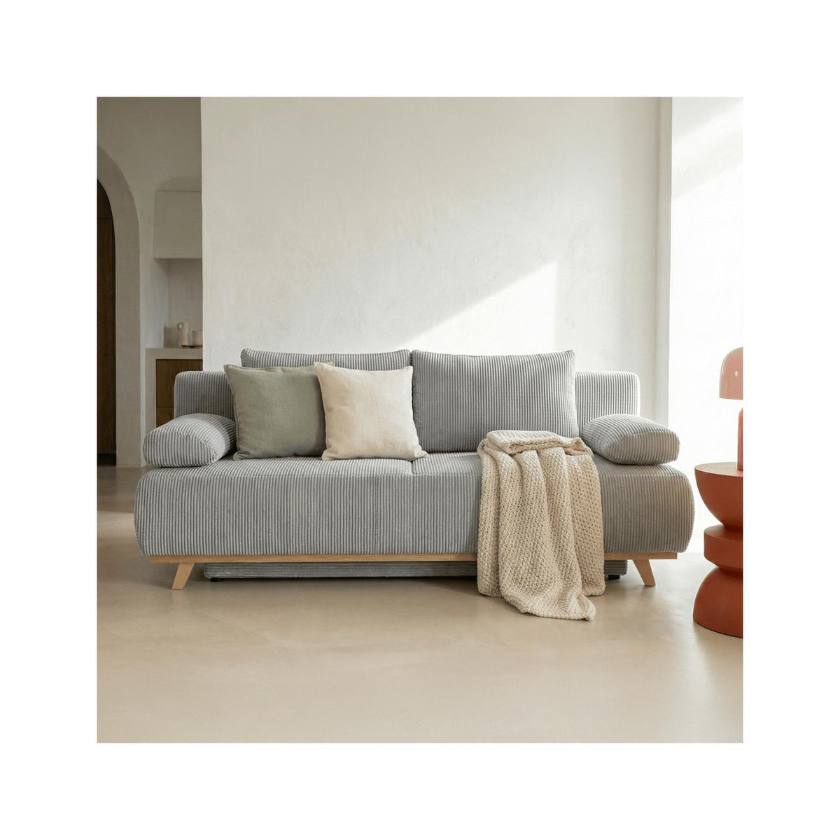 Laria - Canapé Convertible 3 Places avec Coffre de Rangement en Velours Côtelé - Gris Clair