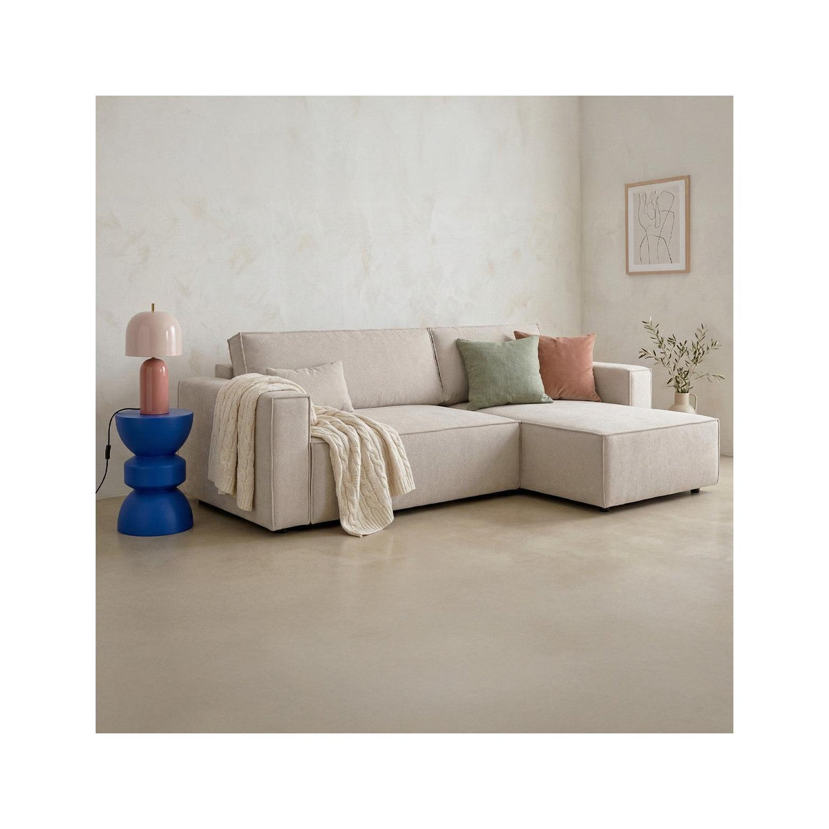 Livia - Canapé d'Angle Convertible Réversible 4 Places avec Coffre de Rangement en Tissu Chenille - Taupe