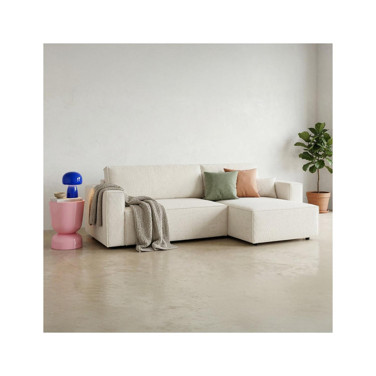 Livia - Canapé d'Angle Convertible Réversible 4 Places avec Coffre de Rangement en Tissu Chenille - Beige