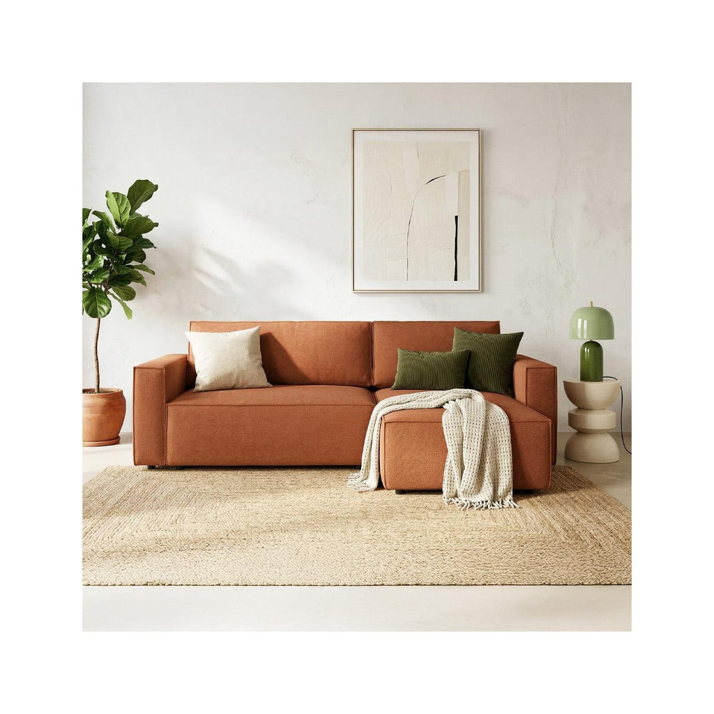 Livia – Ecksofa mit Schlaffunktion, Ottomane wechselbar – Chenille – Terracotta