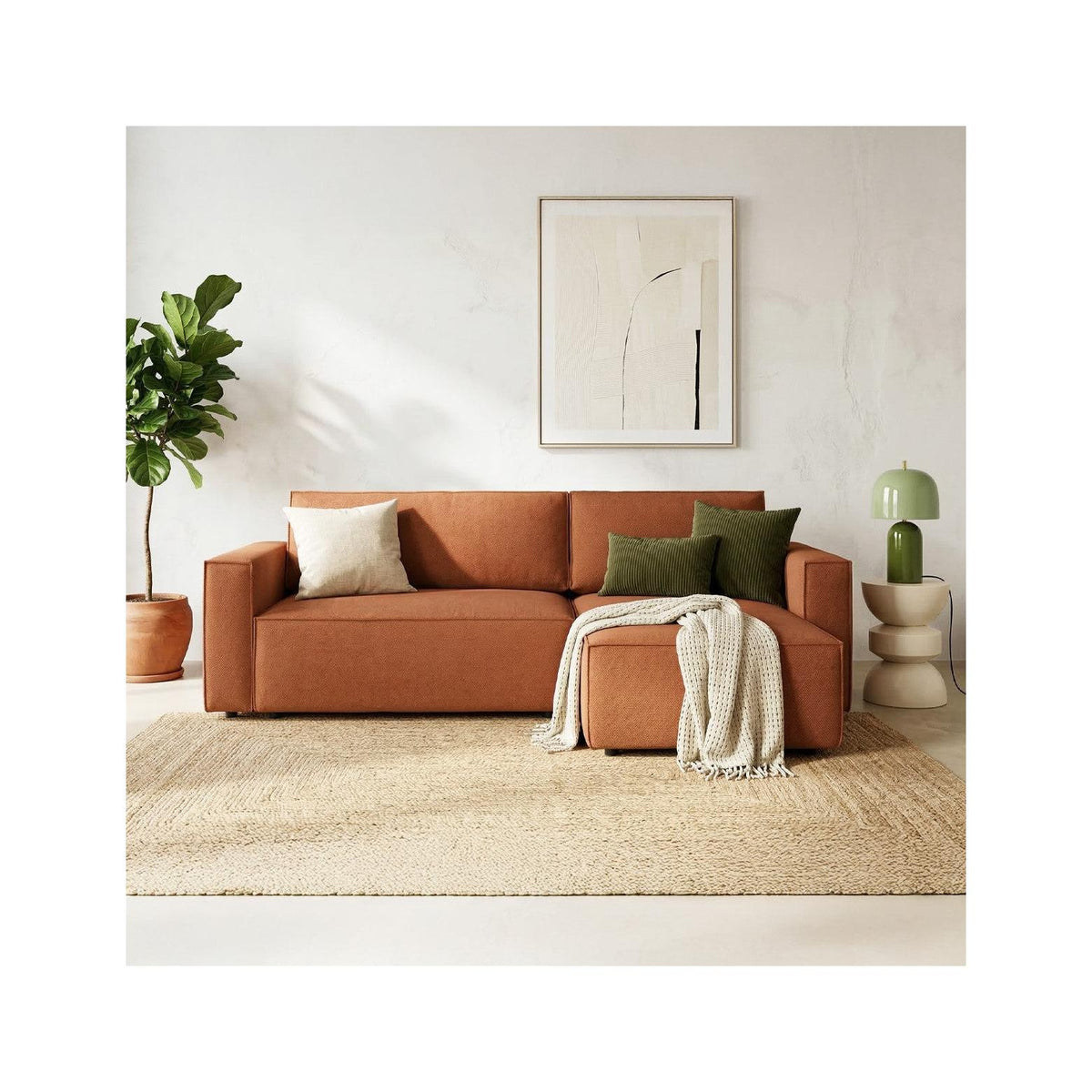 Livia – Ecksofa mit Schlaffunktion, Ottomane wechselbar – Chenille – Terracotta