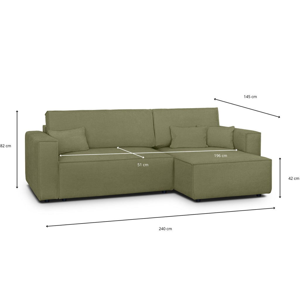 Livia - Canapé d'Angle Convertible Réversible 4 Places avec Coffre de Rangement en Tissu Chenille - Vert Olive