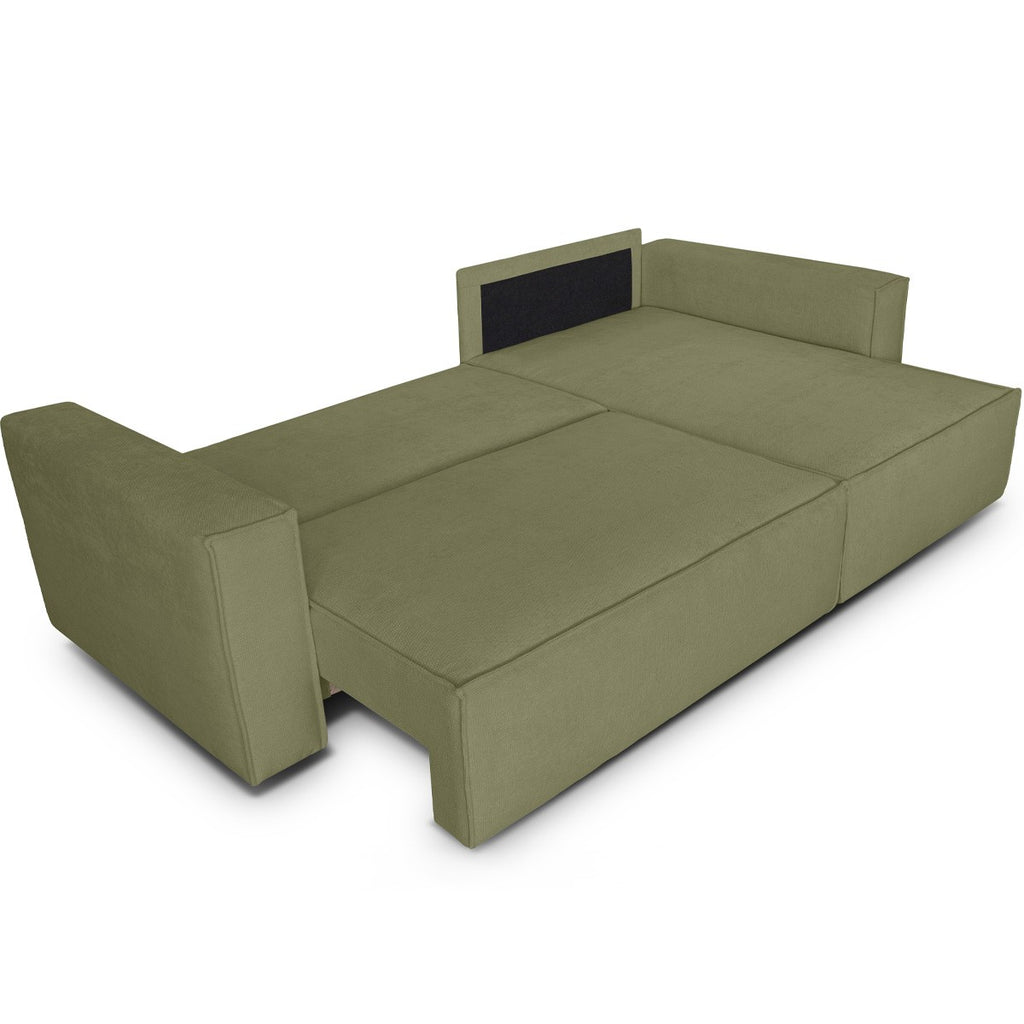 Livia - Canapé d'Angle Convertible Réversible 4 Places avec Coffre de Rangement en Tissu Chenille - Vert Olive