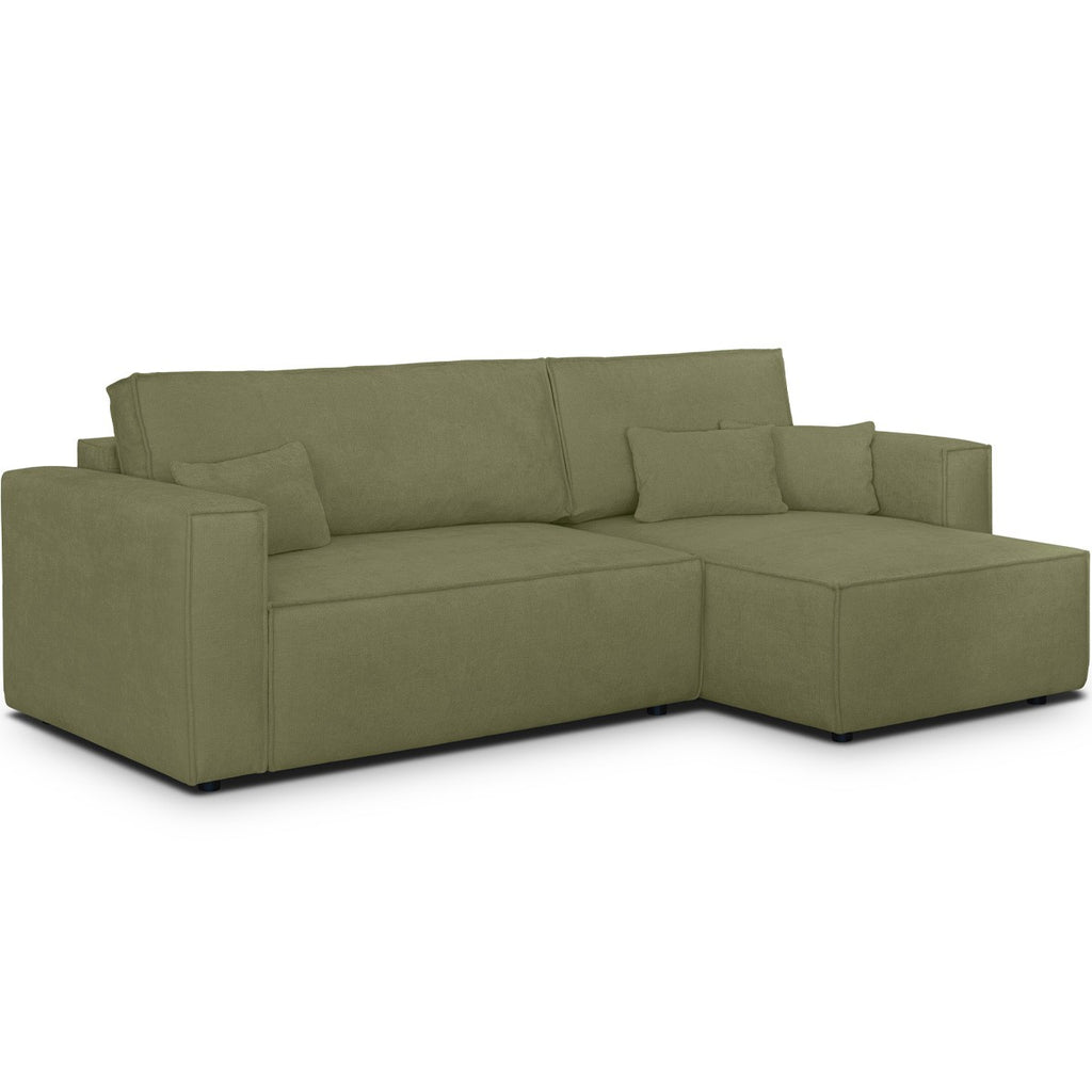 Livia - Canapé d'Angle Convertible Réversible 4 Places avec Coffre de Rangement en Tissu Chenille - Vert Olive