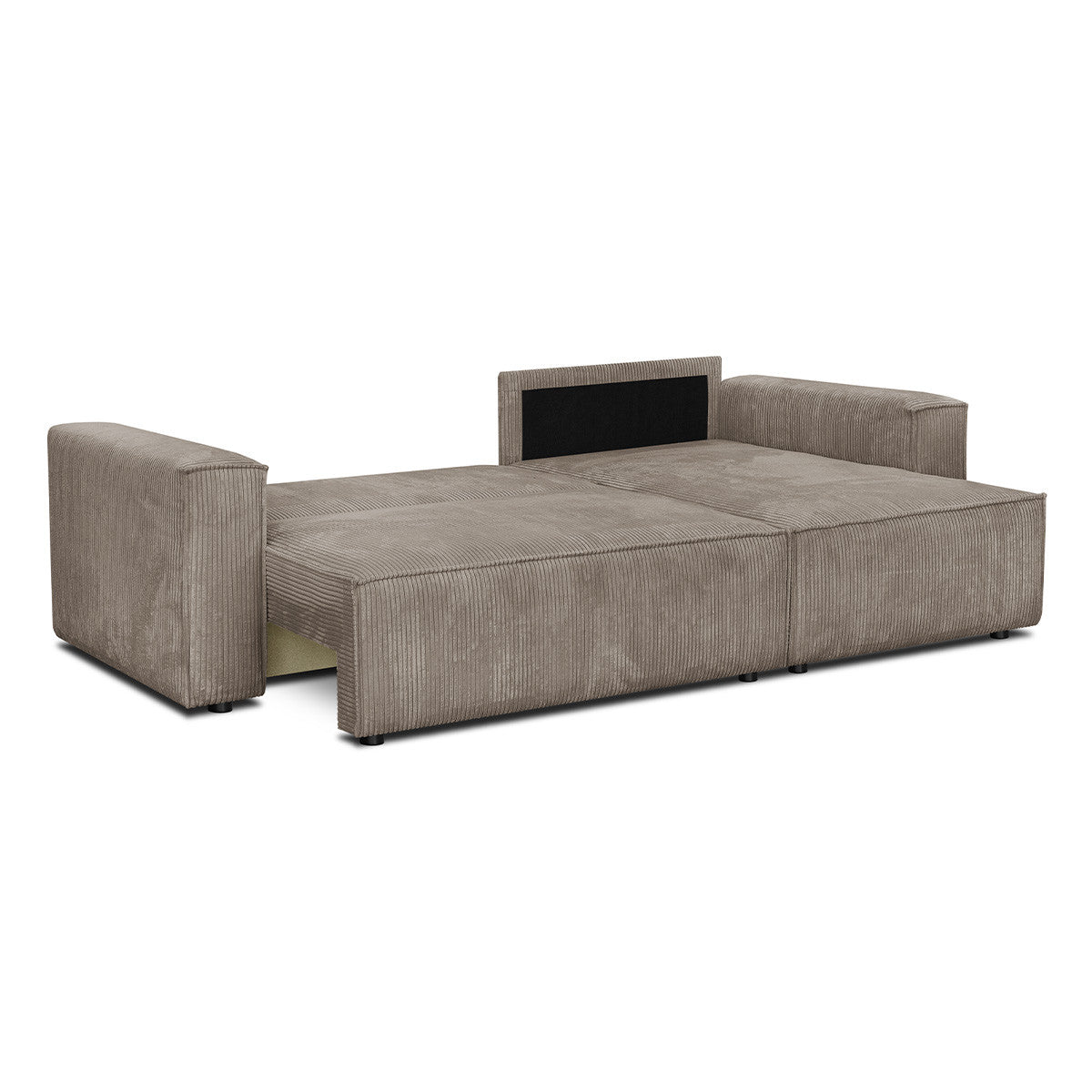 Livia – Ecksofa mit Schlaffunktion, wechselseitig montierbar – Breitcord – Taupe