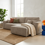 Livia – Ecksofa mit Schlaffunktion, wechselseitig montierbar – Breitcord – Taupe