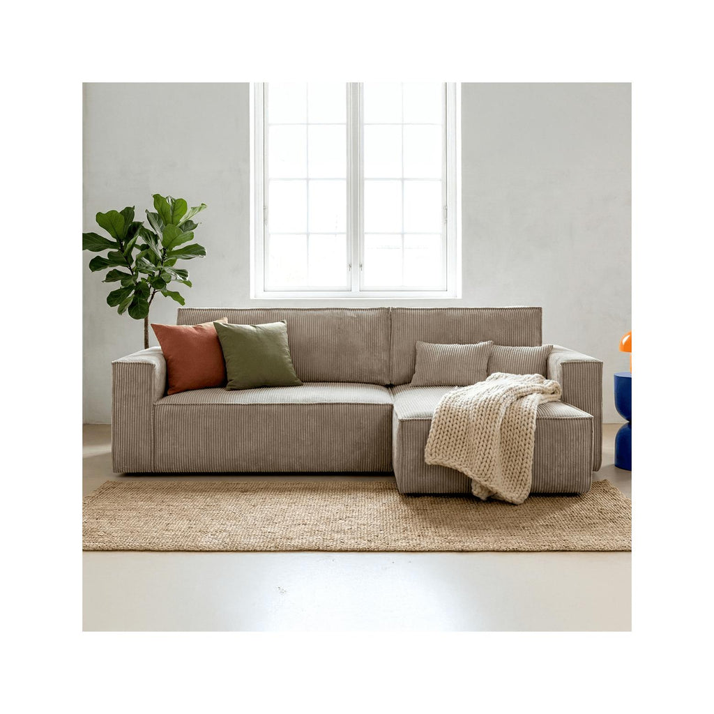 Livia – Ecksofa mit Schlaffunktion, wechselseitig montierbar – Breitcord – Taupe