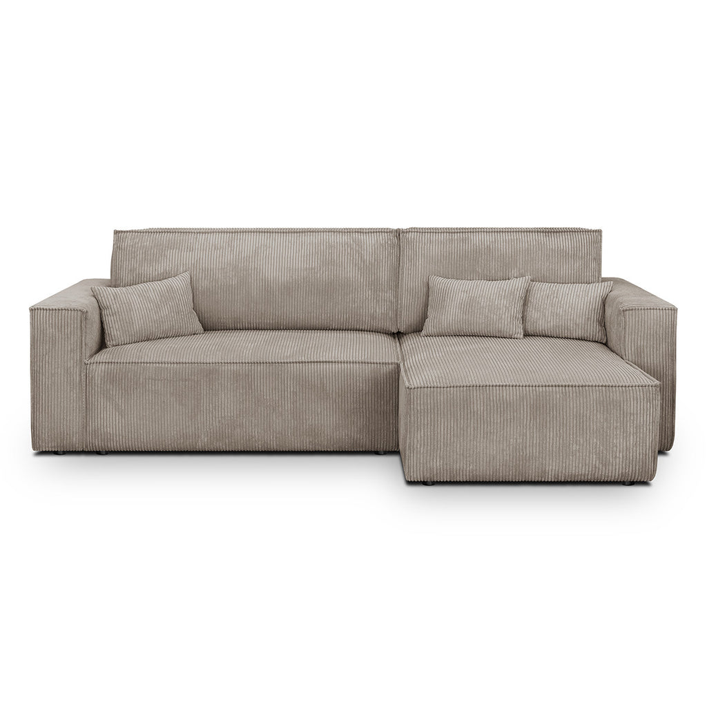 Livia – Ecksofa mit Schlaffunktion, wechselseitig montierbar – Breitcord – Taupe