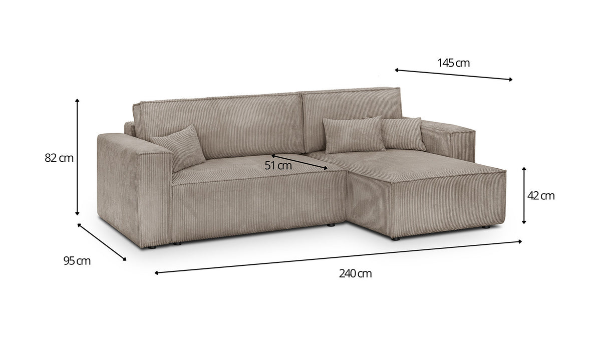 Livia – Ecksofa mit Schlaffunktion, wechselseitig montierbar – Breitcord – Taupe