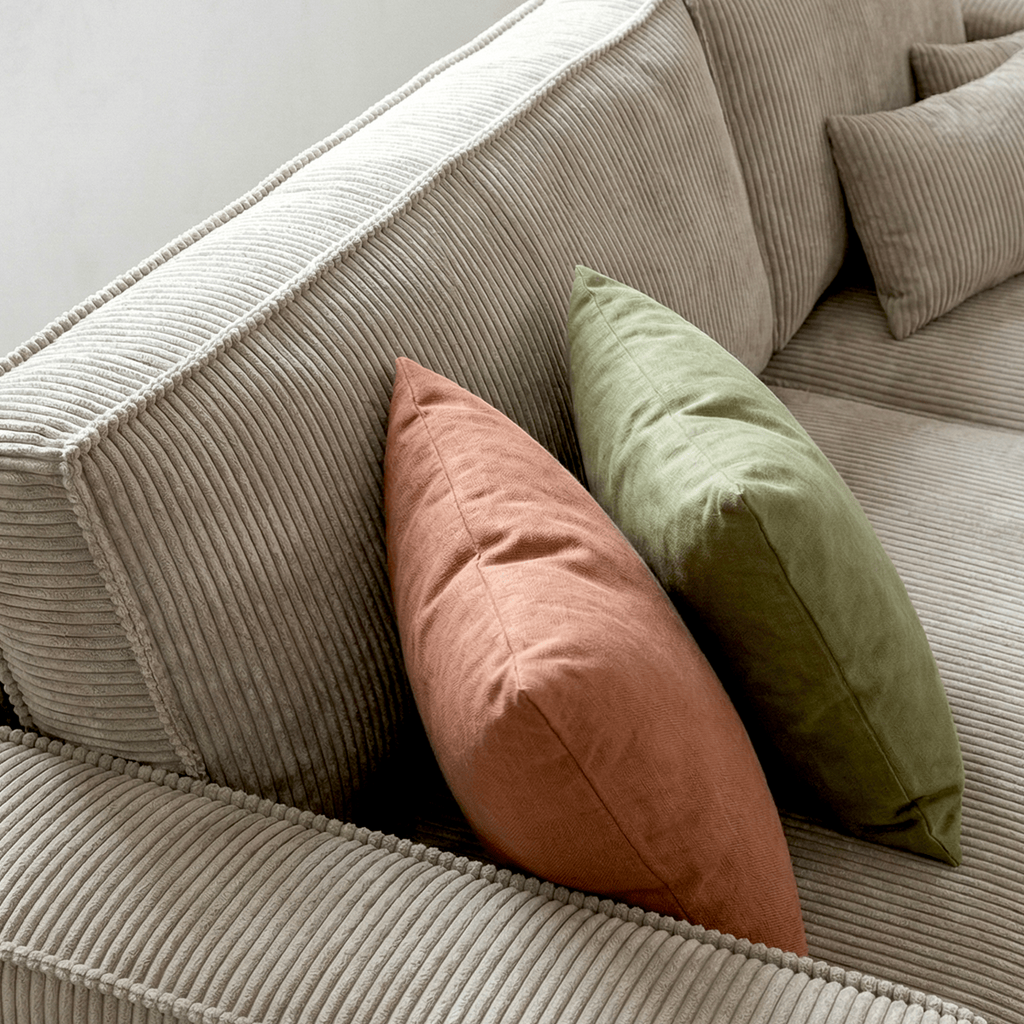 Livia – Ecksofa mit Schlaffunktion, wechselseitig montierbar – Breitcord – Taupe