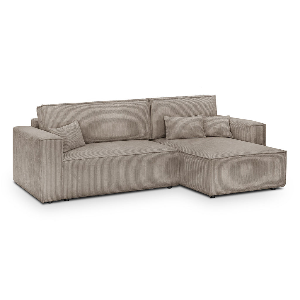 Livia – Ecksofa mit Schlaffunktion, wechselseitig montierbar – Breitcord – Taupe