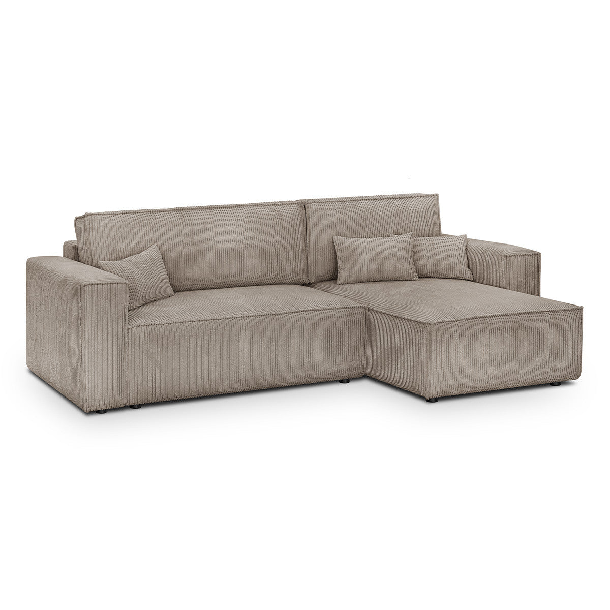 Livia – Ecksofa mit Schlaffunktion, wechselseitig montierbar – Breitcord – Taupe