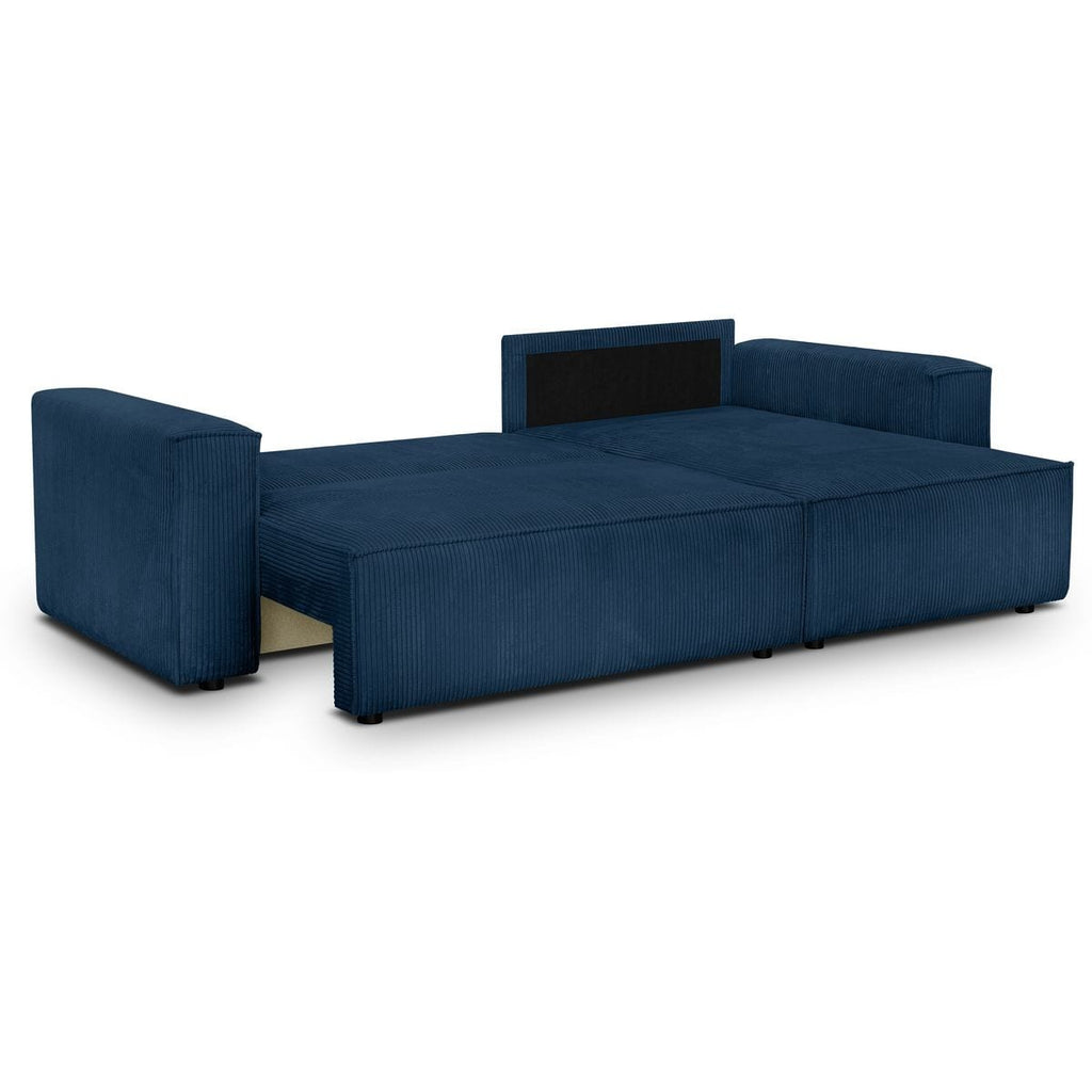 Livia - Canapé d'Angle Convertible Réversible 4 Places avec Coffre de Rangement en Velours Côtelé - Bleu