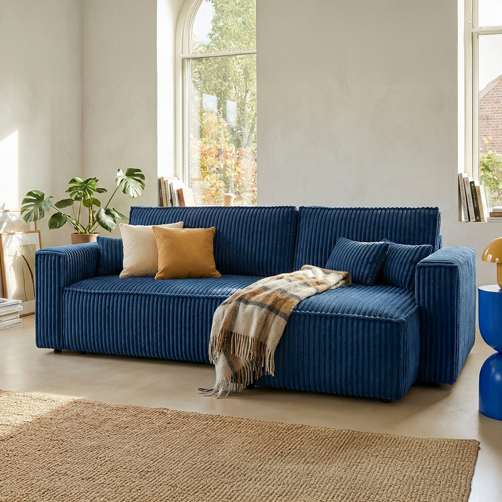Livia - Canapé d'Angle Convertible Réversible 4 Places avec Coffre de Rangement en Velours Côtelé - Bleu
