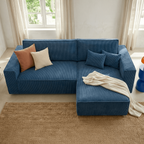 Livia - Canapé d'Angle Convertible Réversible 4 Places avec Coffre de Rangement en Velours Côtelé - Bleu