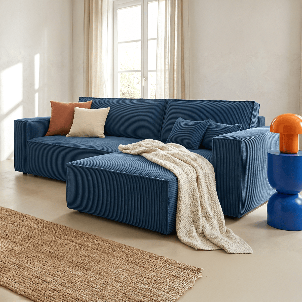 Livia - Canapé d'Angle Convertible Réversible 4 Places avec Coffre de Rangement en Velours Côtelé - Bleu