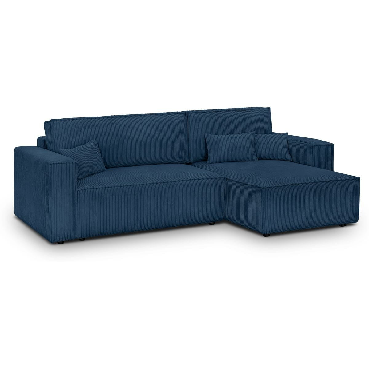 Livia - Canapé d'Angle Convertible Réversible 4 Places avec Coffre de Rangement en Velours Côtelé - Bleu