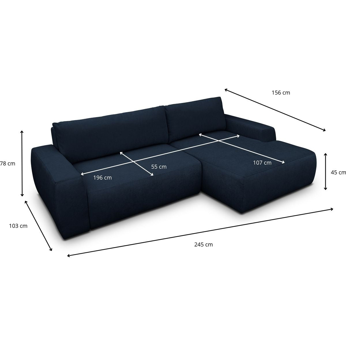 Sonny - Canapé d'Angle Droit Convertible 3 Places en Tissu Chenille - Bleu Foncé