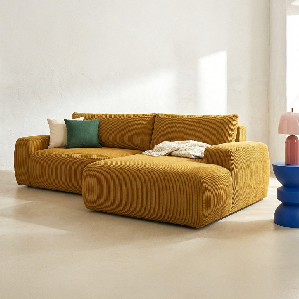 Sonny - Canapé d'Angle Droit Convertible 3 Places en Velours Côtelé - Jaune Moutarde