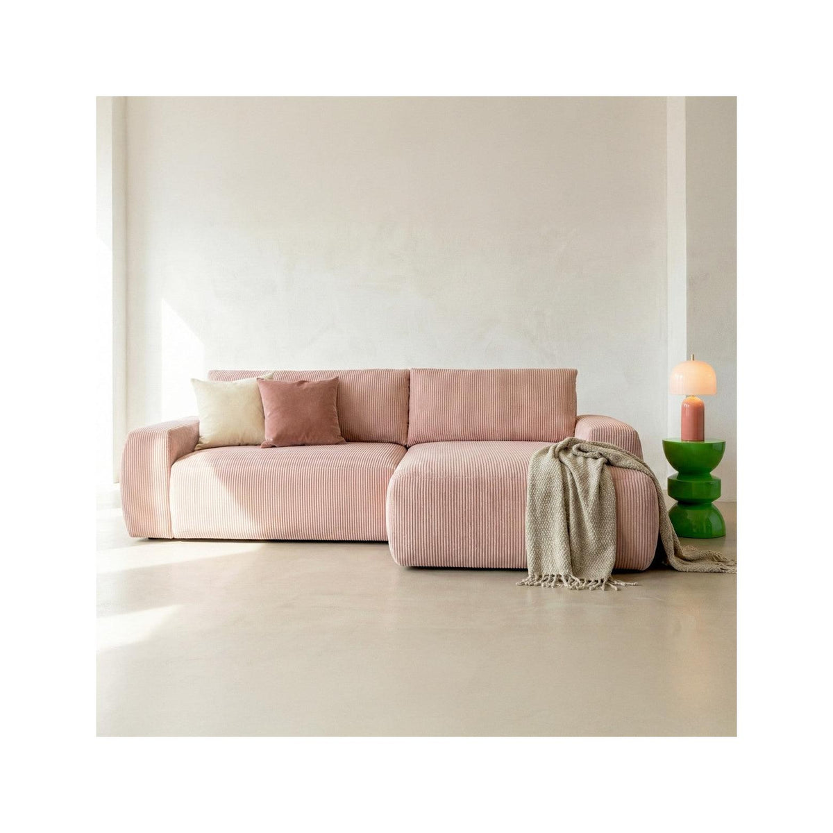 Sonny - Canapé d'Angle Droit Convertible 3 Places en Velours Côtelé - Rose Pâle