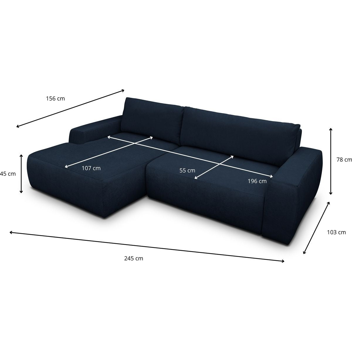 Sonny - Canapé d'Angle Gauche Convertible 3 Places en Tissu Chenille - Bleu Foncé