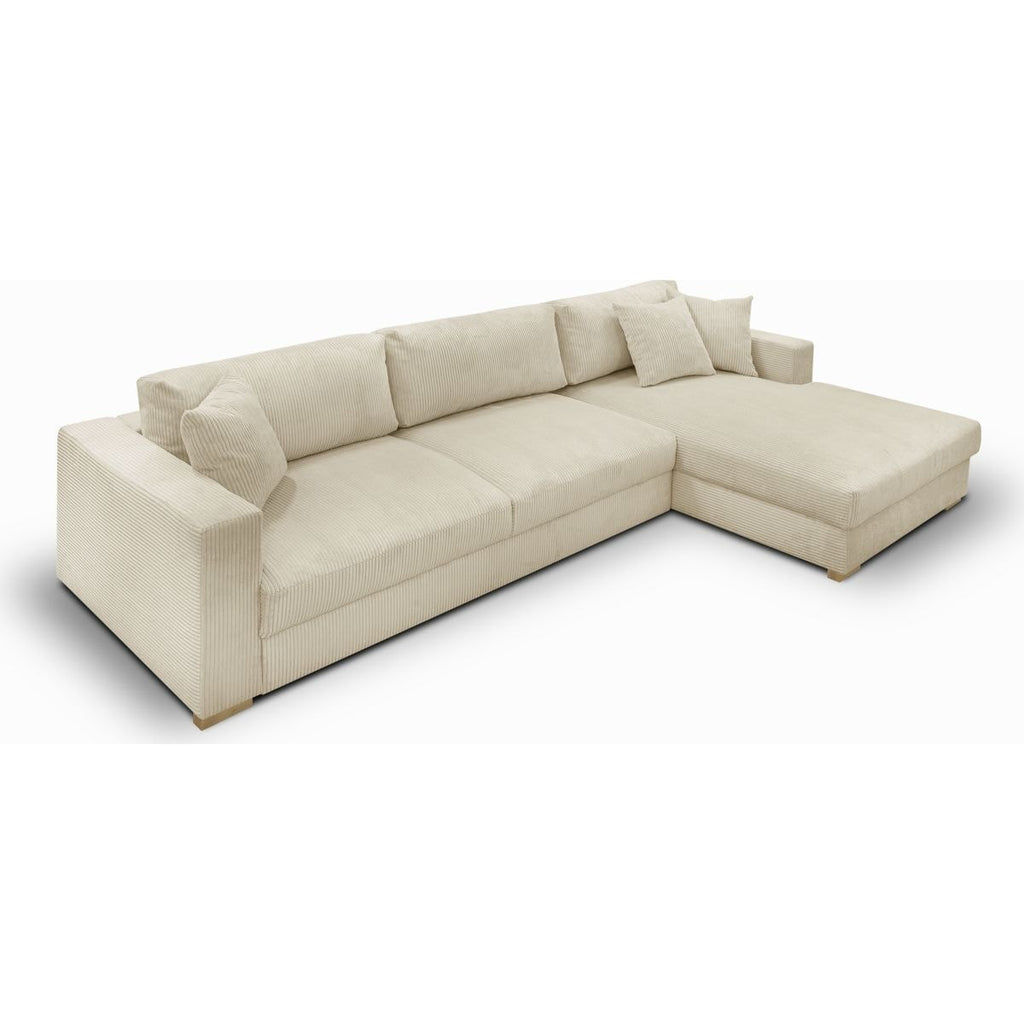 Robin - Canapé d'Angle Droit Convertible 5 Places en Velours Côtelé - Beige