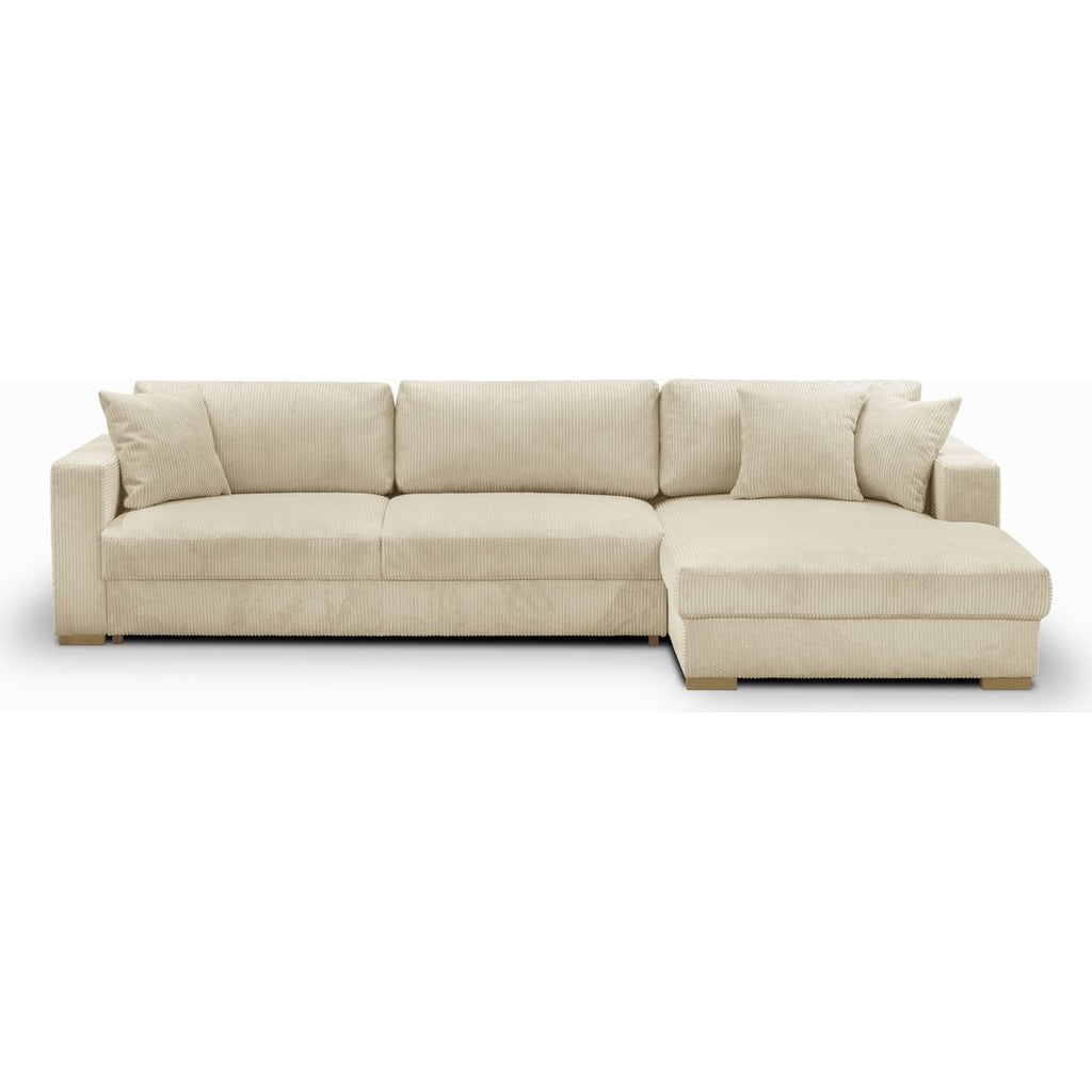 Robin - Canapé d'Angle Droit Convertible 5 Places en Velours Côtelé - Beige