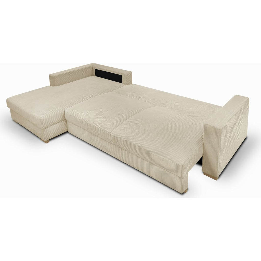 Robin - Canapé d'Angle Gauche Convertible 5 Places en Velours Côtelé - Beige