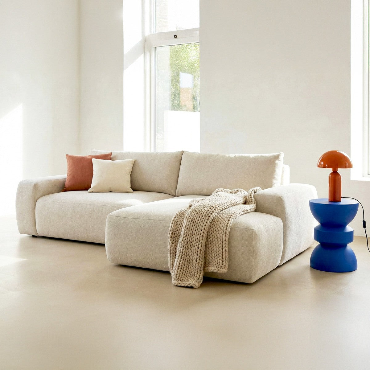 Sonny - Canapé d'Angle Droit Convertible 3 Places en Tissu Chenille - Beige