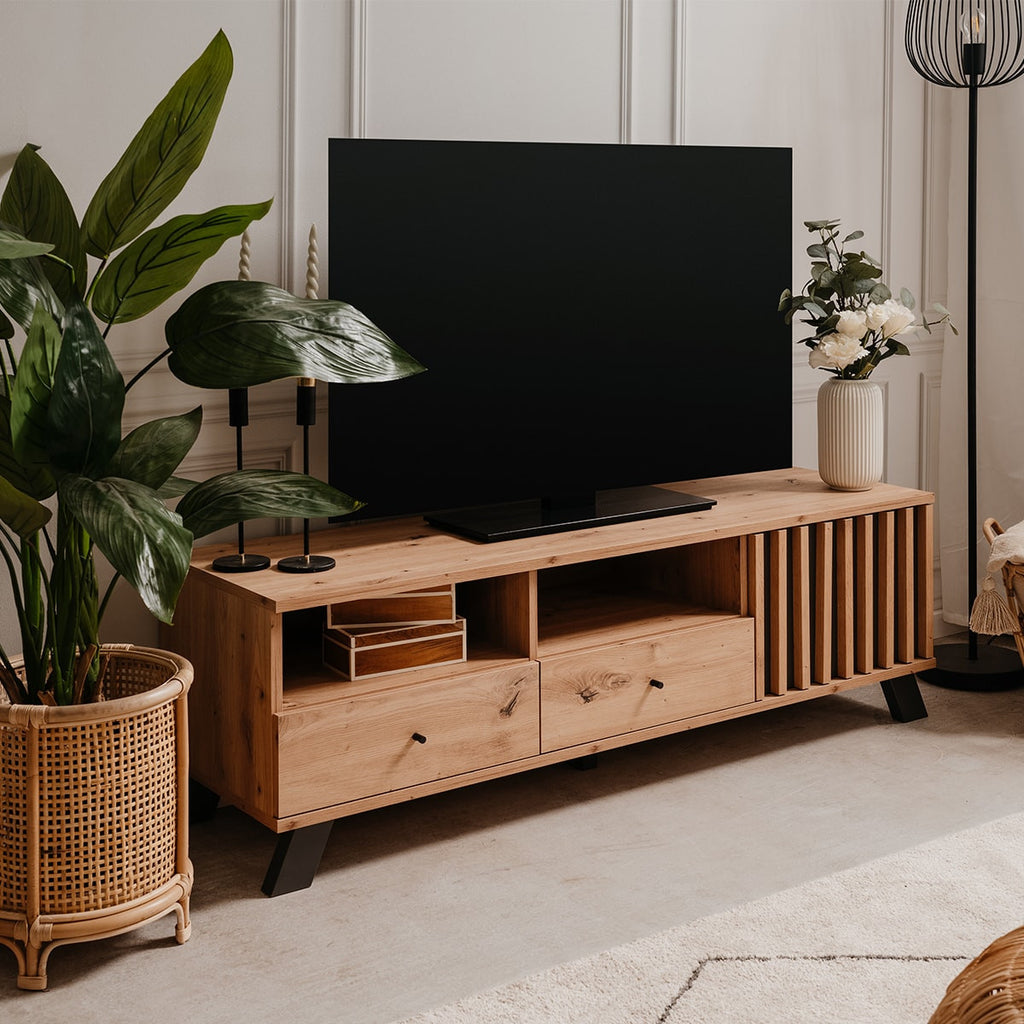 Flavia - Meuble TV 1 Porte 2 Tiroirs Effet Chêne 138 cm - Bois