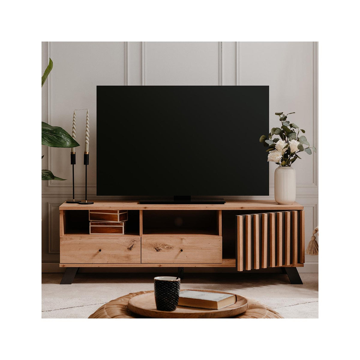 Flavia - Meuble TV 1 Porte 2 Tiroirs Effet Chêne 138 cm - Bois