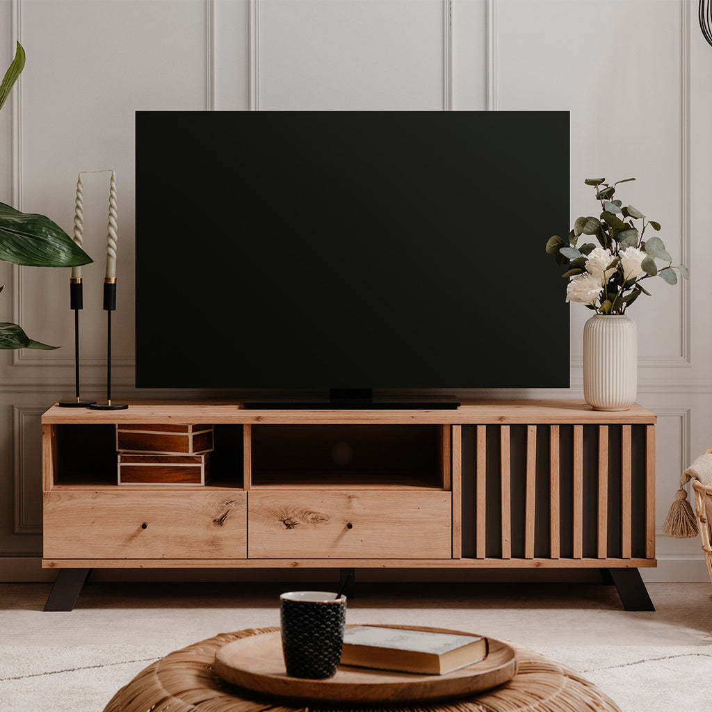 Flavia - Meuble TV 1 Porte 2 Tiroirs Effet Chêne 138 cm - Bois